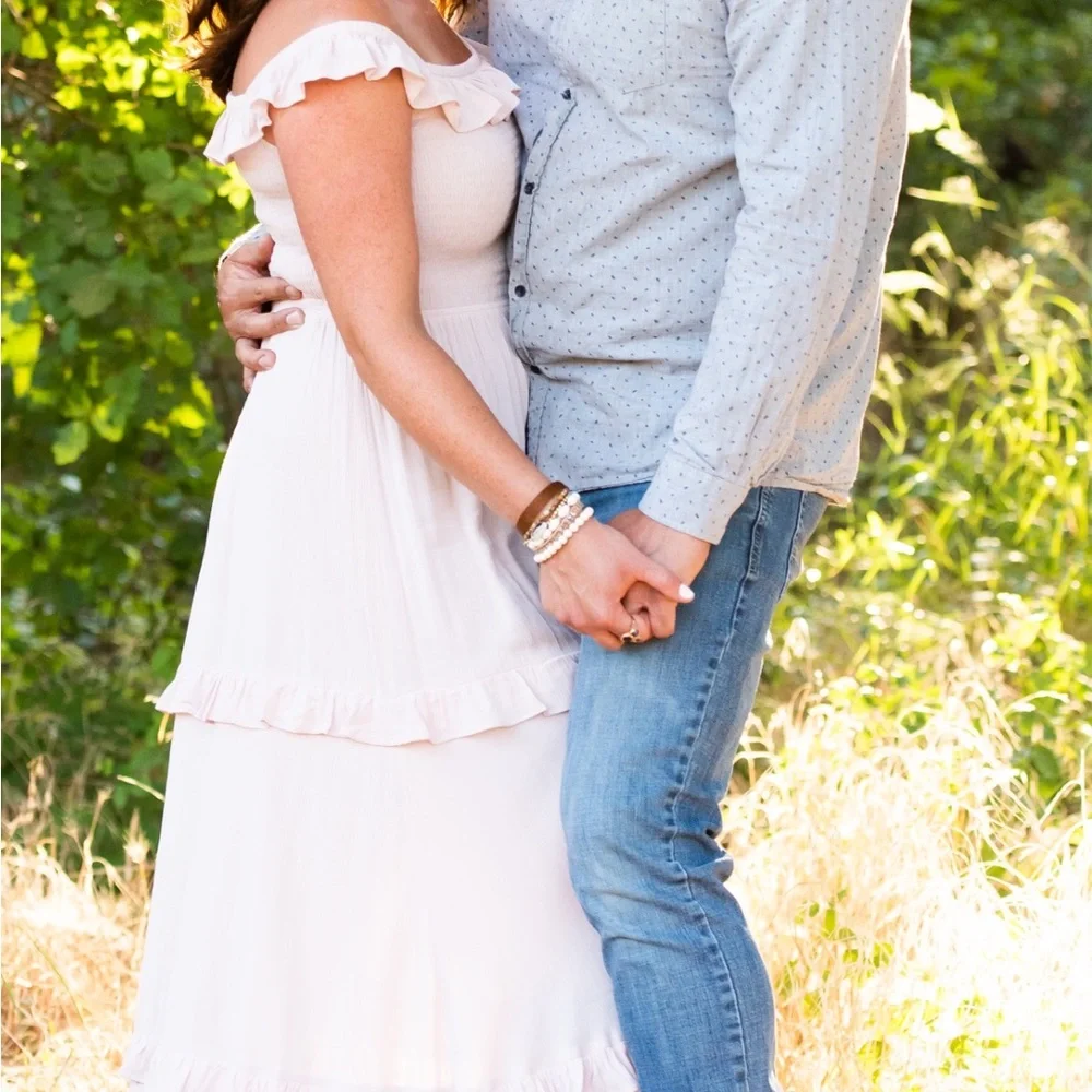 EXPRESS Blush/Pink Ruffled Off-Shoulder Romantic Tiered Maxi Dress Smocked - Picture 6 of 7